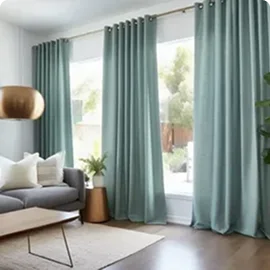 Teal curtained living room