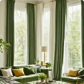 Green curtained living room